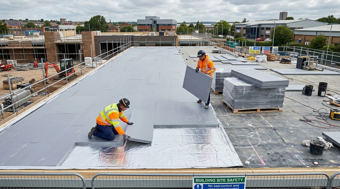 Workers laying rigid insulation boards over a flat roof deck