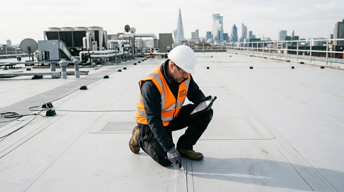 A roofing surveyor inspecting a flat roof membrane in the safe interior of the roof, well away from the edge