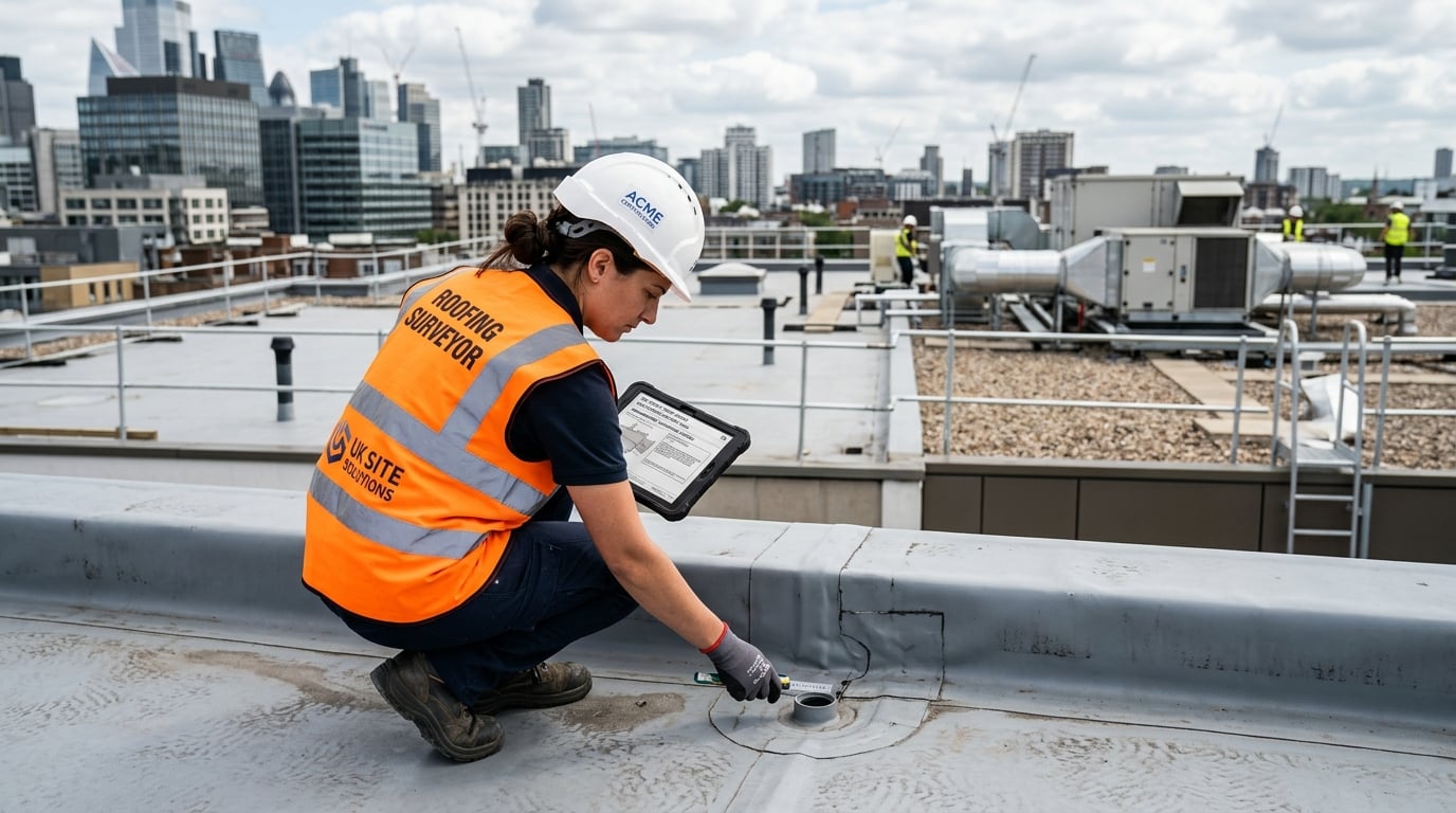 A roofing surveyor inspecting a flat roof membrane detail with a tablet