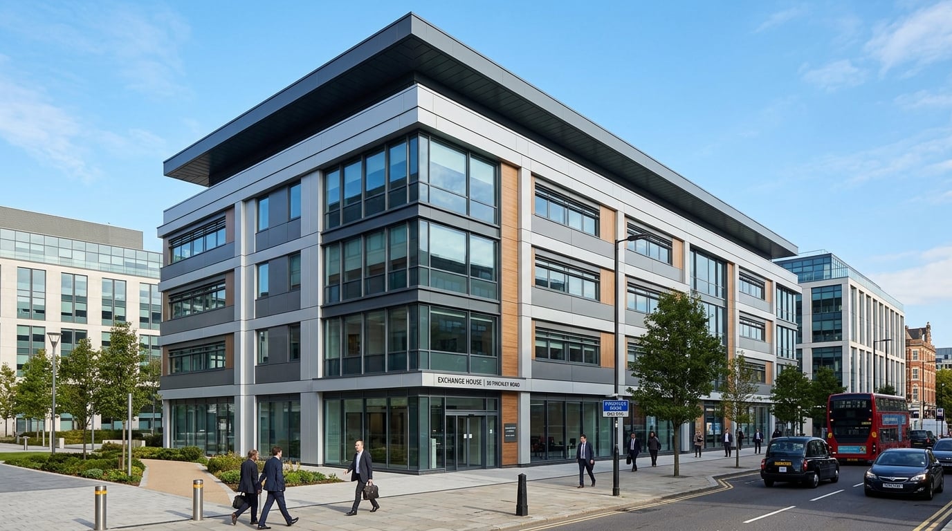 A clean modern commercial building roofline and parapet against the sky