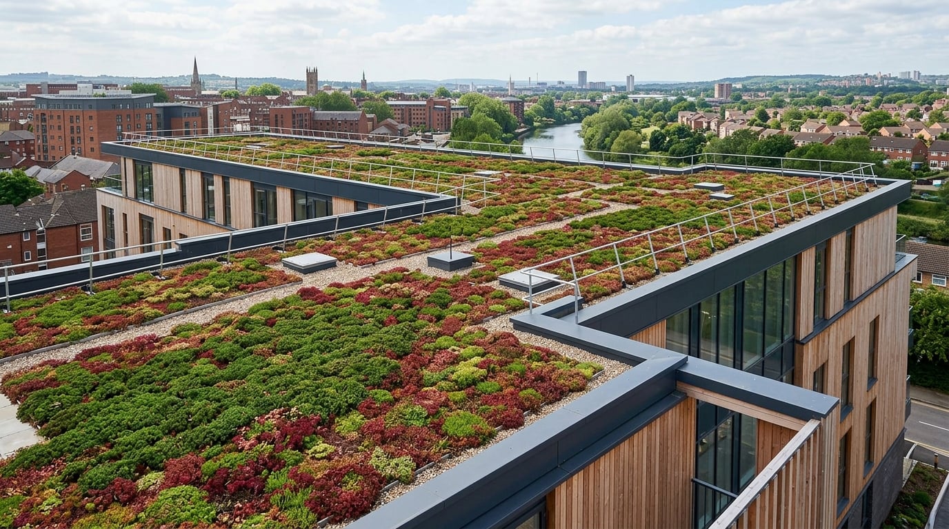 An extensive sedum green roof on a modern building