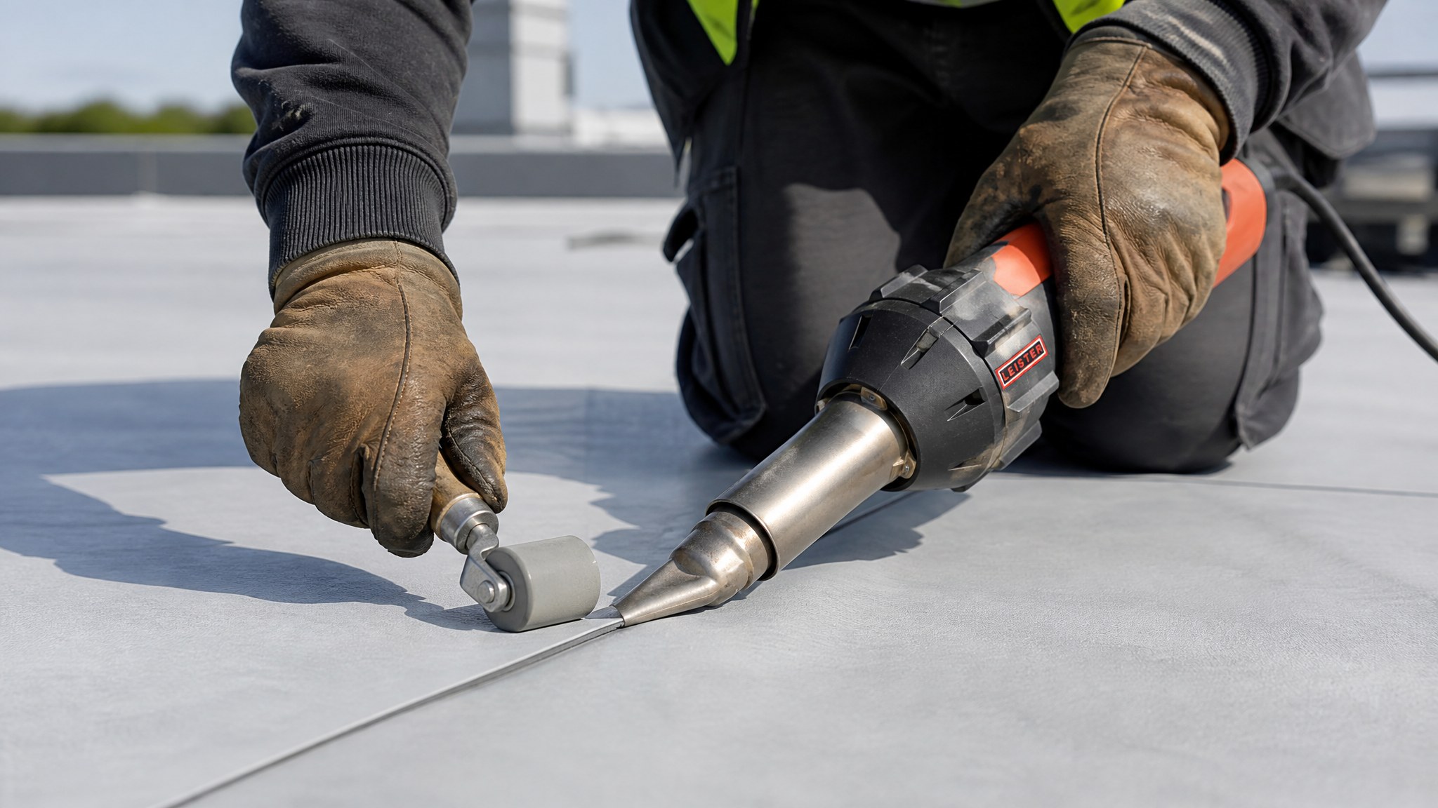 A roofer hot-air welding a single-ply membrane seam and pressing it with a silicone penny roller