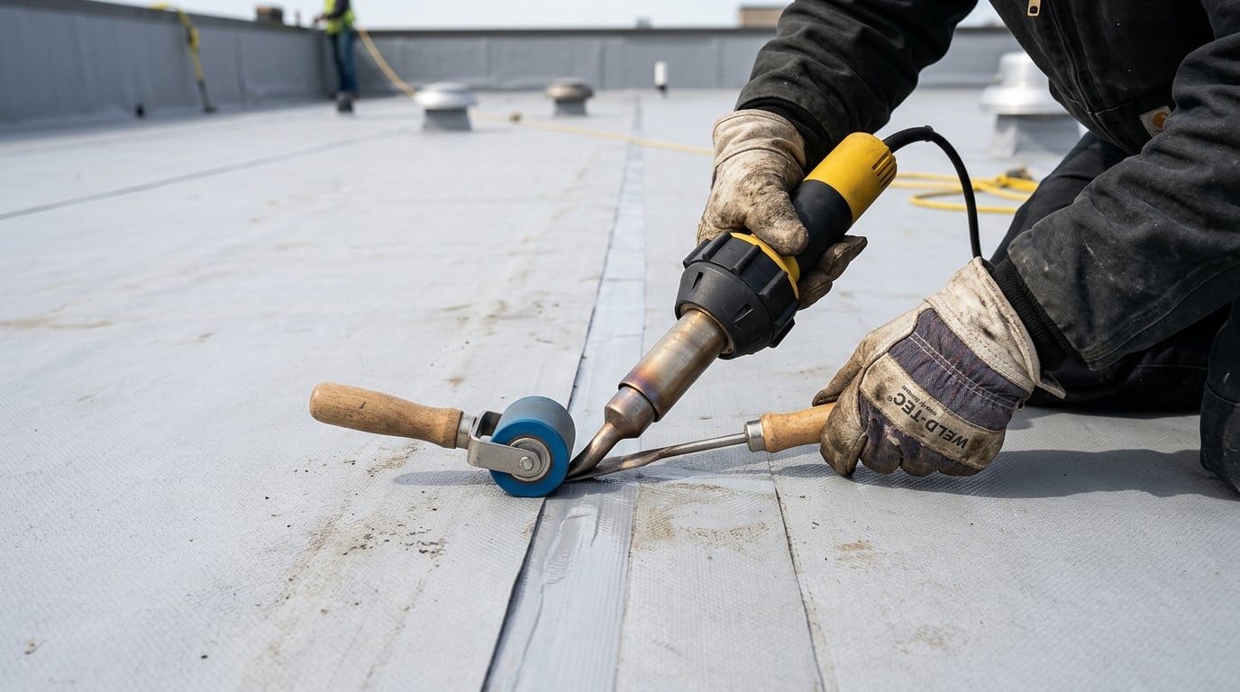 A roofer hot-air welding the seam of a single-ply membrane