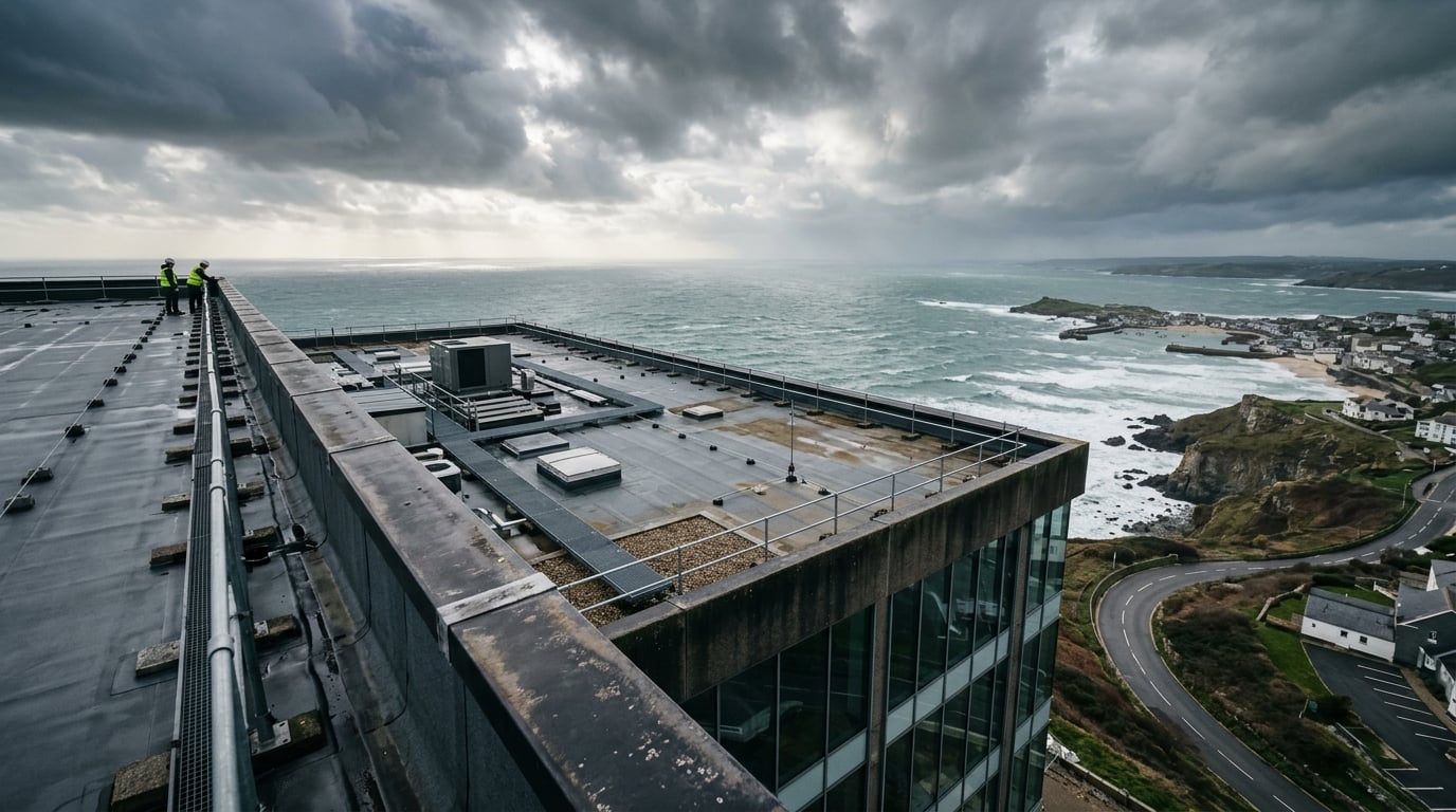 An exposed, windswept commercial flat roof on a tall building near the coast